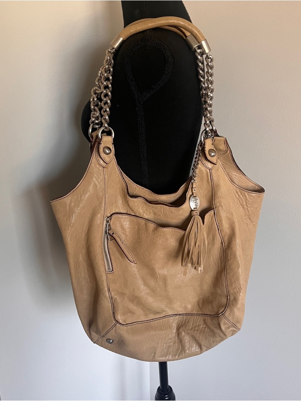 Olivia Harris Tan Leather Hobo Shoulder Bag Chain Strap Tassel Slouchy Y2K